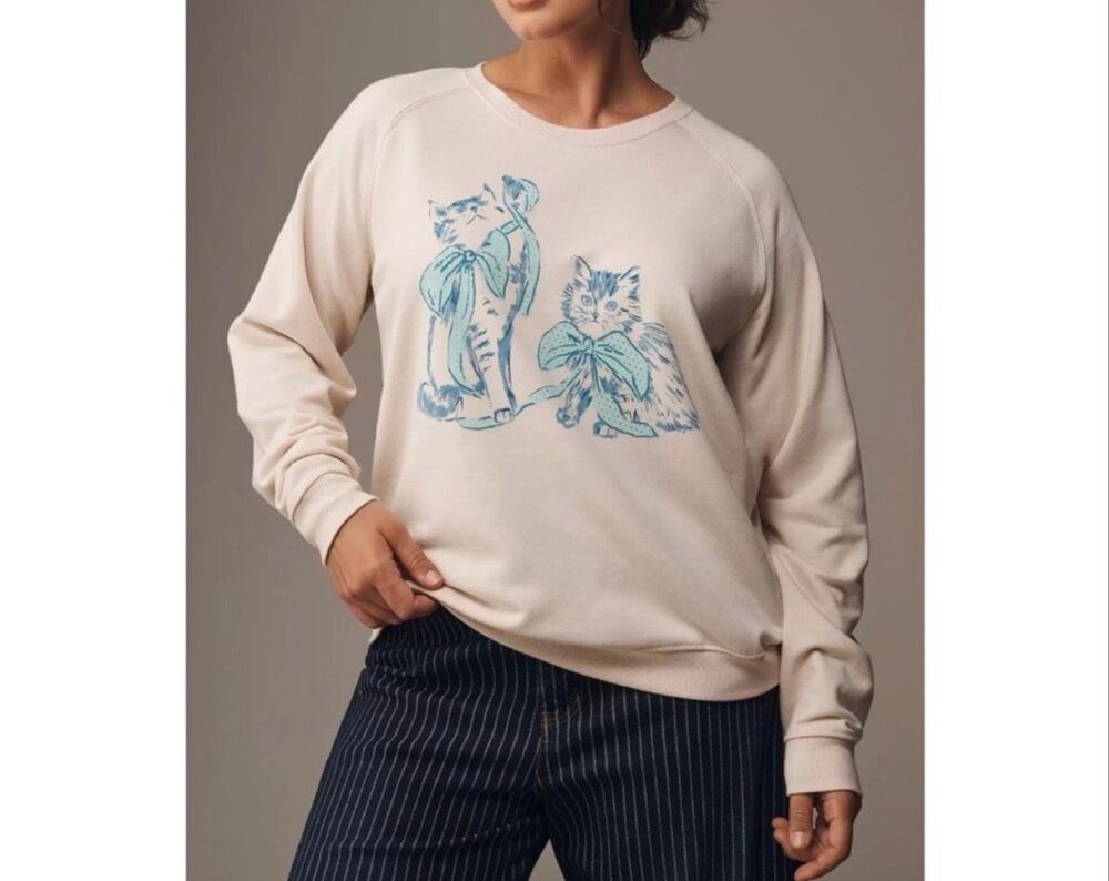 Anthropologie Maeve Animal Friends Crew Neck Pullover Sweatshirt Cream 2X NEW
